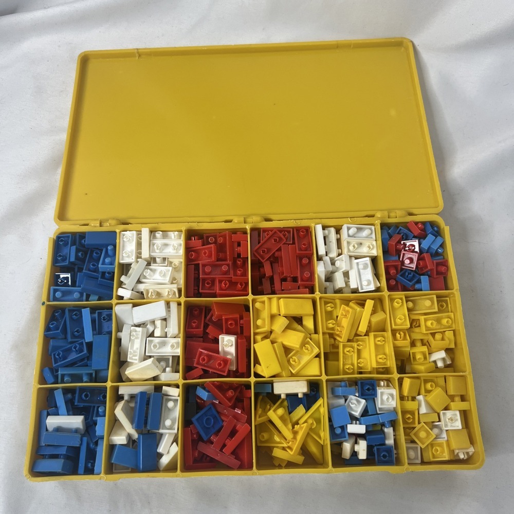 Vintage Yellow Plastic Box With Building Pieces Toy Red Blue White Yellow